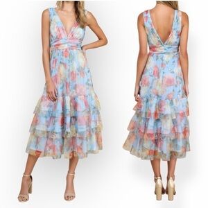 Lulu's Pastel Blue Floral Tiered V-Neck Midi Dress